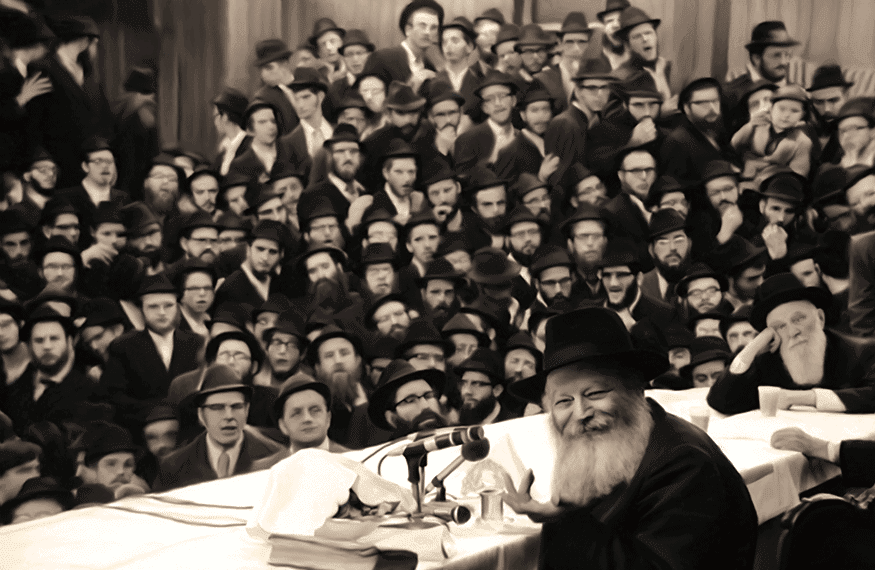 ציור של התוועדות עם הרבי מחייך